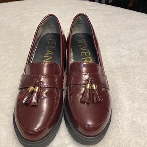 River Island heeled chunky loafers in burgundy